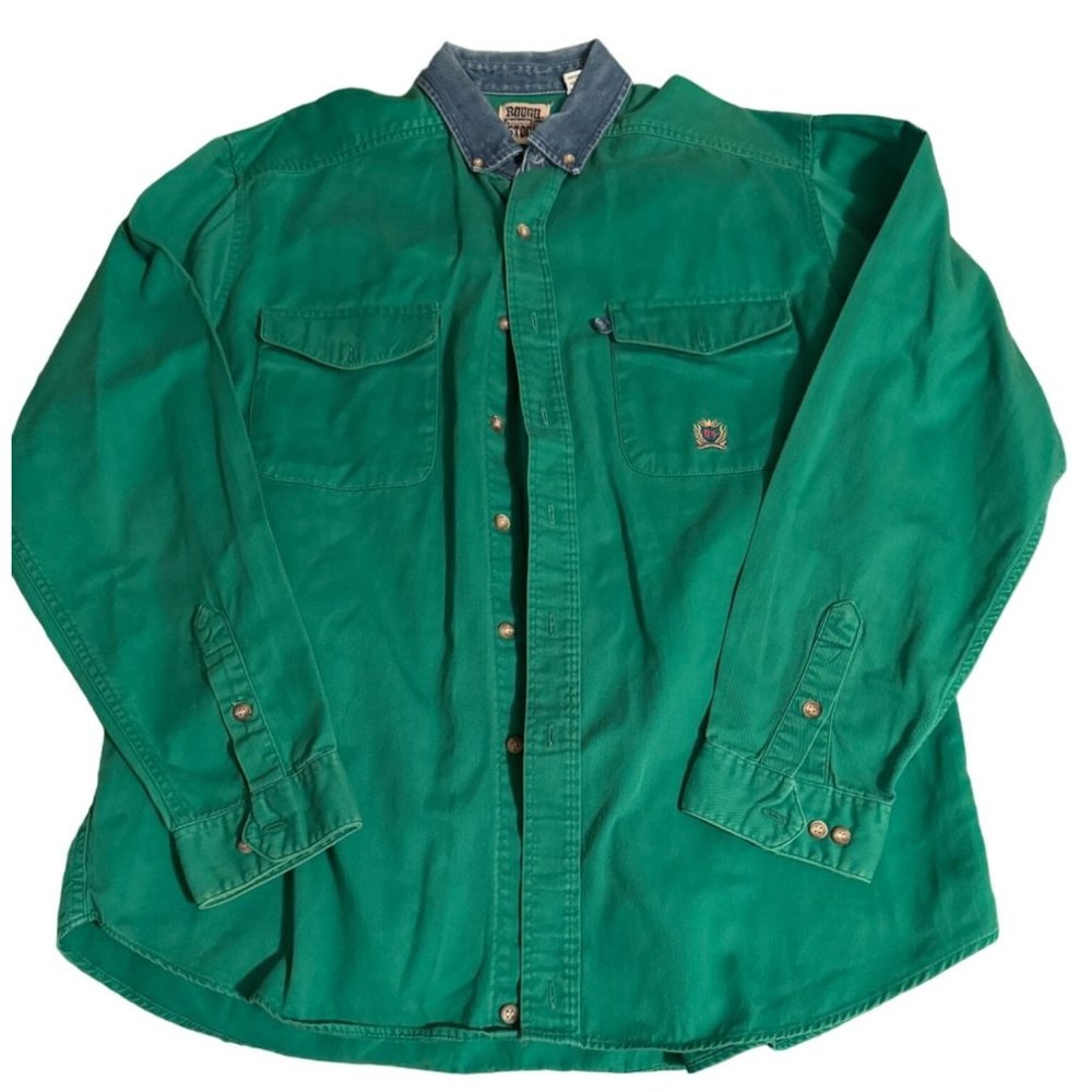 Vintage Rough Stock Panhandle Slim Green‎ Cotton Denim Collar Western Shirt L ep